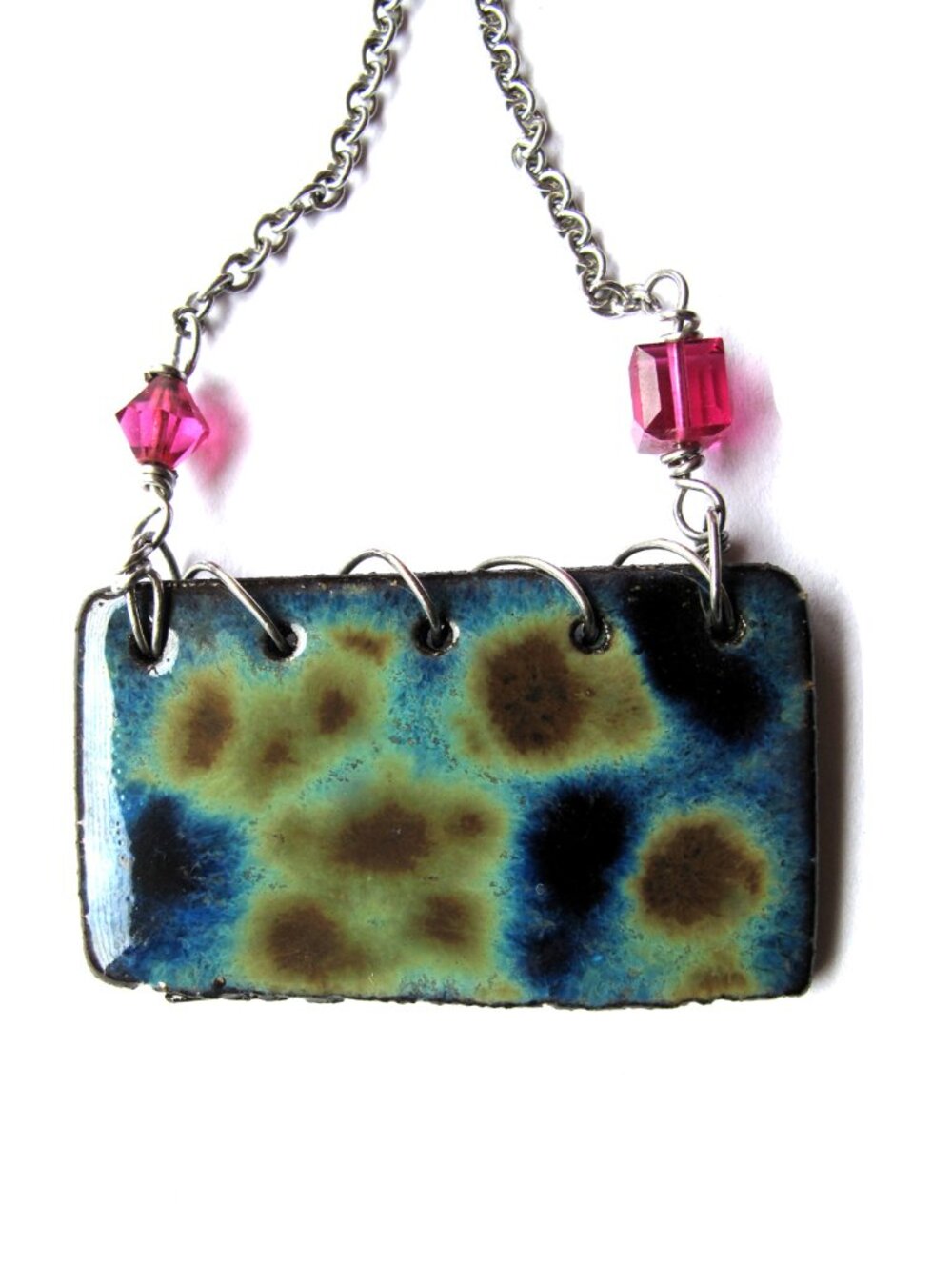 Necklace Green blue yellow tones glazed ceramic & metal jewelry